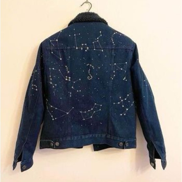 Hand painted silver Astrological Constellation Map on Denim Jean & Sherpa Jacket - Picture 8 of 9